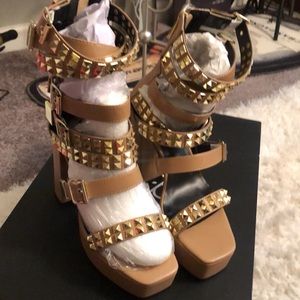 Nelly Bernal Nude Gold Studded Block Platform Heels